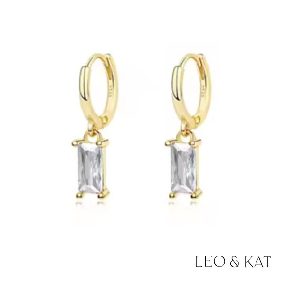 Baguette Zircon Dangle Huggie Earrings Gold & Silver. 925 Sterling Silver #1040 - Picture 2 of 6